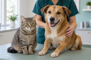 Veteriner muayene masasında bir kedi ve köpek; acil durumlar yazısı için temsili görsel.
