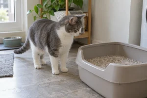 Kum kabının yanında duran gri beyaz kedi; idrar sağlığı için temsili görsel.