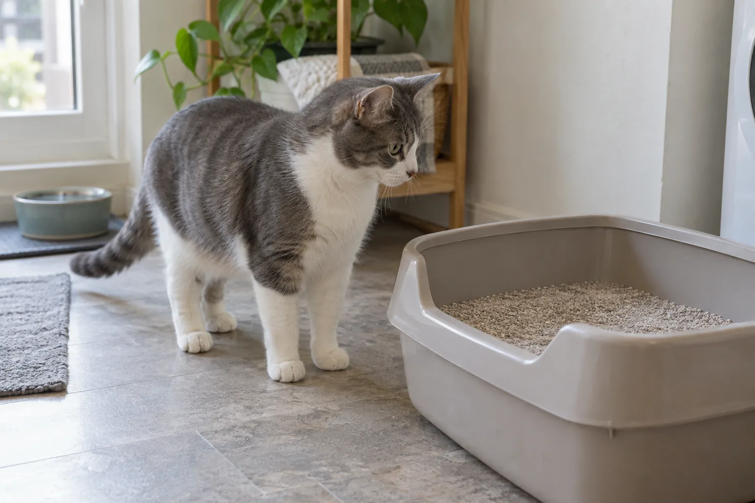 Kum kabının yanında duran gri beyaz kedi; idrar sağlığı için temsili görsel.