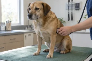Veteriner muayenesinde göğsü stetoskopla dinlenen köpek; temsili görsel.