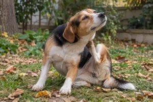 Bahçede boynunu kaşıyan köpek; dış parazit yazısı için temsili görsel.