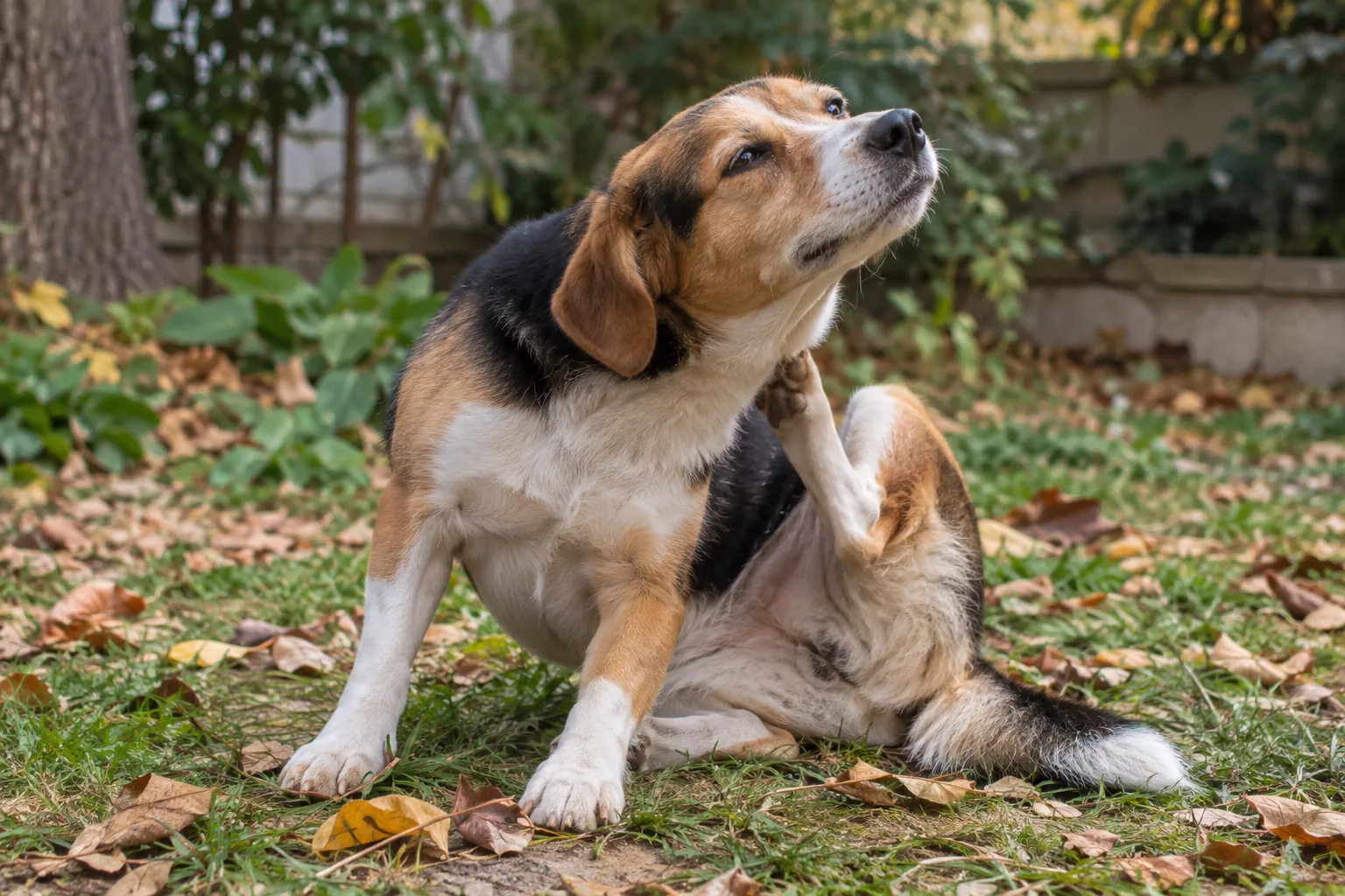 Bahçede boynunu kaşıyan köpek; dış parazit yazısı için temsili görsel.